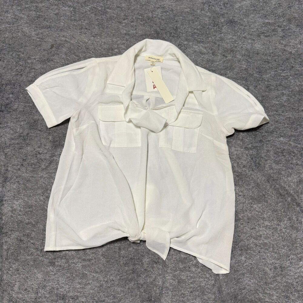Monteau Womens Blouse Shirt Size S Cream White Slim Signature Chiffon Top
